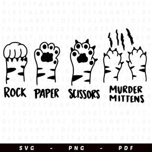 Może przedstawiać: Czarno-biała grafika przedstawiająca kocie łapy w stylu Kamień, Papier, Nożyce, ze słowami "Rock", "Paper", "Scissors" i "Murder Mittens" poniżej. Zawiera wskaźniki typu pliku SVG, PNG i PDF.