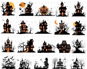 May include: A collection of 20 Halloween-themed haunted house silhouettes. Each house is black with orange windows and is set against a backdrop of moons, bats, and trees. The image includes the text "20 PACK BUNDLE" and file type options.