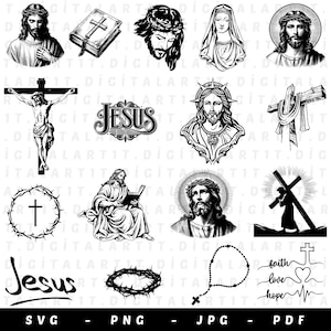 Jesus Christ SVG Bundle, Jesus Face SVG, Jesus Christ Png, Jesus Christ Vector, Christian Svg, Catholic Svg, Religion Svg, Jesus Silhouette