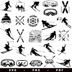May include: A set of 20 black and white ski-themed SVG, PNG, and PDF digital clip art images. The images include skiers, ski lifts, ski goggles, mountains, and the words "Eat Sleep Ski Repeat" and "Ski".