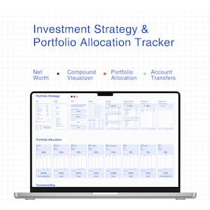 Puede incluir: Un ordenador portátil que muestra un panel financiero titulado "Investment Strategy & Portfolio Allocation Tracker". La pantalla muestra visualizaciones de datos para el patrimonio neto, la asignación de la cartera y las transferencias de cuentas. El texto incluye "Portfolio Strategy" y "Compounding."