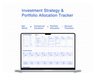 May include: A laptop displaying a financial dashboard titled "Investment Strategy & Portfolio Allocation Tracker." The screen shows data visualizations for net worth, portfolio allocation, and account transfers. The text includes "Portfolio Strategy" and "Compounding."