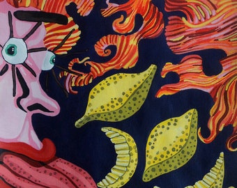 Lemony 9x12in Acrylic Original Painting Surreal Abstract