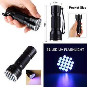 May include: Black 21 LED UV flashlight, pocket size, 9.4 cm long and 3 cm wide. The flashlight has a textured grip and a silver-colored head. The image shows the flashlight in use, emitting a bright purple light.