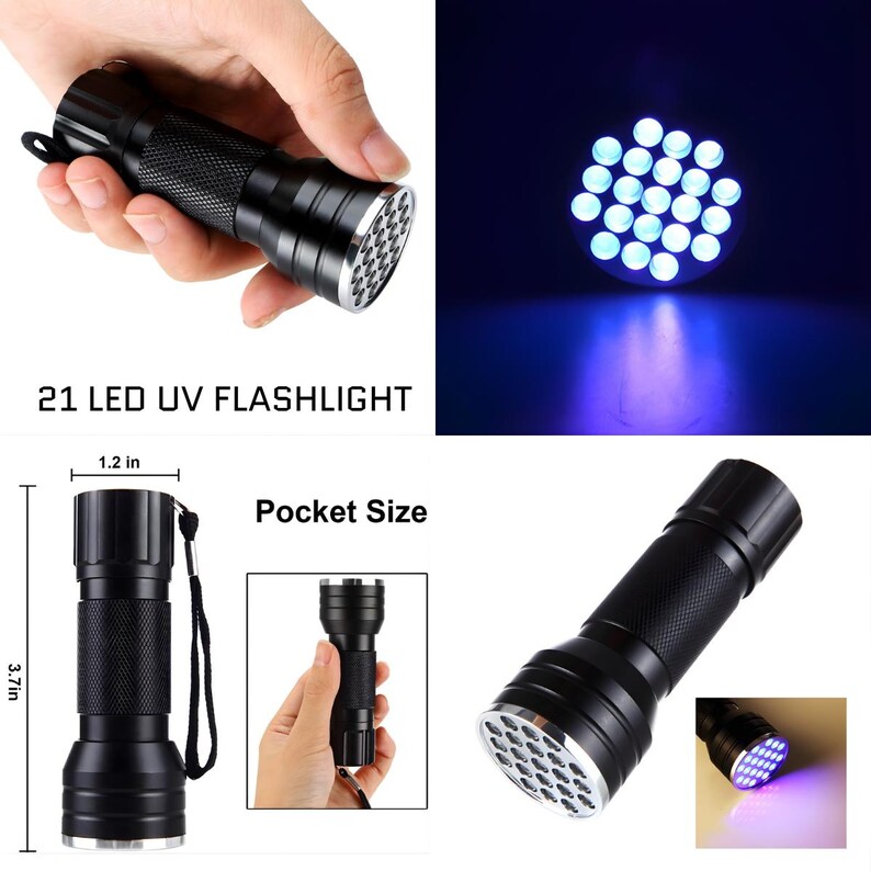 K&ouml;nnte beinhalten: Schwarze 21 LED UV-Taschenlampe, 9,4 cm lang und 3 cm breit, mit strukturiertem Griff und silberner L&uuml;nette. Das Bild zeigt die Taschenlampe in Gebrauch, die ein helles violettes Licht aussendet. Der Text lautet "21 LED UV FLASHLIGHT" und "Pocket Size."