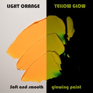 Orange acrylic paint swatched in daylight and glowing yellow-green under UV light, phosphorescent paint for toy, necklace or decor art