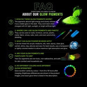 K&ouml;nnte beinhalten: Schwarze Grafik mit dem Text "FAQ EVERYTHING YOU NEED TO KNOW ABOUT OUR GLOW PIGMENTS". Die Grafik enth&auml;lt Informationen &uuml;ber Leuchtpigmente, ihre Verwendung und Sicherheit, mit Beispielen.