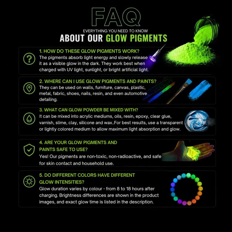 K&ouml;nnte beinhalten: Schwarze Grafik mit dem Text "FAQ EVERYTHING YOU NEED TO KNOW ABOUT OUR GLOW PIGMENTS". Die Grafik enth&auml;lt Informationen &uuml;ber Leuchtpigmente, ihre Verwendung und Sicherheit, mit Beispielen.