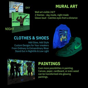 Visual guide showing creative uses of glowing orange paint on clothing, canvas, and wall art, great for decor, resin and keychain artists