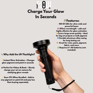 Powerful blacklight flashlight tool to charge glow in the dark orange paint, ideal for large resin molds, necklaces and UV reactive decor