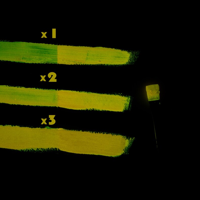 Orange glow in the dark paint glowing green under blacklight, phosphorescent test showing layer strength for toy or necklace crafting