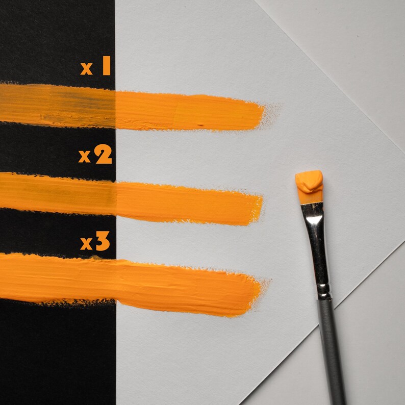 Three brush strokes of orange neon paint on white canvas showing coverage with different layers, UV reactive pigment for resin decor