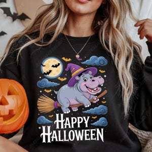 Hippo Witch Hat Riding Broom Stick PNG File, Zoo Animal Lover Digital Download for Halloween Crafts, Design for Cricut