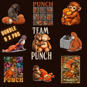 Puede incluir: Colección de arte digital con monos de dibujos animados en varias poses. Las imágenes incluyen el texto "PUNCH" y "TEAM PUNCH", y las palabras "BUNDLE 9 X PNG". La paleta de colores incluye tonos de marrón, naranja y gris.