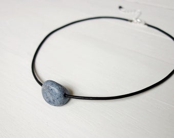 Leather Choker Necklace Blue Clay Bead Black Leather Choker Single Bead Necklace for Women