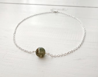 Dainty Chain Choker Necklace Single Green Moss Agate Stone Collar Necklace Short Chain Necklace for Women
