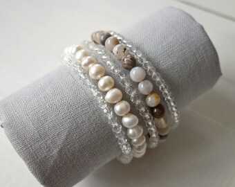 Layered Statement Bracelet White Freshwater Pearls Agate Stones Cuff Bracelet Multi Stranded Memory Wire Bracelet for Women