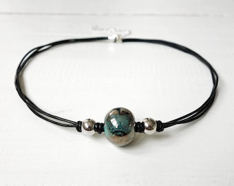 Black Leather Choker Necklace Large Green Marbled Ceramic Bead Metal Beads Leather Cord Necklace for Women