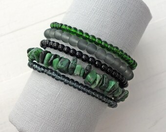 Layered Memory Wire Bracelet Green Aventurine Stones Glass Beads Multi Strand Cuff Statement Jewelry