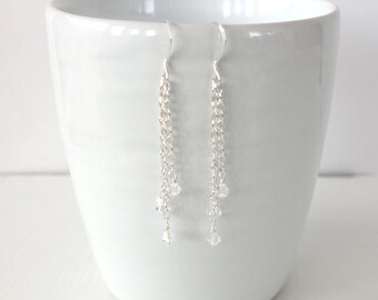 Silver Chain Earrings Clear Swarovski Crystal Beads 925 Sterling Silver Minimalist Jewelry for Women