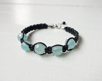 Braided Leather Bracelet Sea Green Glass Beads Black Leather Cords Bracelet Macrame Knotted Cuff Bracelet for Women