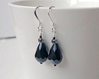 Silver Earrings Large Black Faceted Glass Drops Earrings Minimalist Silver Dangle Earrings for Women