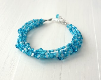 Turquoise Beaded Layered Bracelet Seed Beads Faceted Glass Multi Strand Jewelry for Women