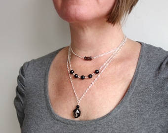 Layering Chain Necklace Set Smoky Quartz Onyx Stones Glass Bead Pendant Stacking Jewelry