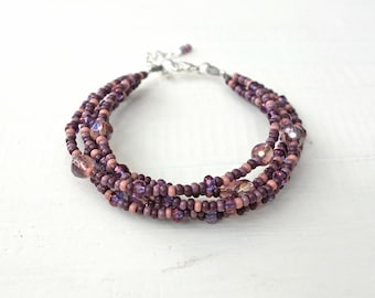 Layered Beaded Bracelet Plum Purple Pink Seed Beads Elegant Boho Jewelry for Women