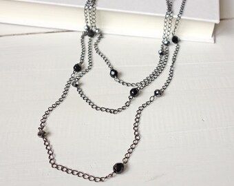Long Blackened Metal Chain Necklace Black Glass Beads Vintage Style Wrap Jewelry for Women