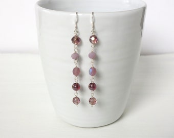 Purple Sparkly Dangle Earrings Five  Glass Beads Amethyst Purple Long Drop Earrings for Women