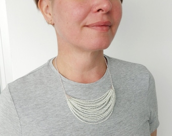 Minimalist Statement Seed Beads Bib Necklace White Multi Strand Jewelry for Woman