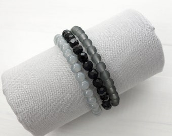 Layered Beaded Cuff Bracelet Black Grey Glass Beads Multi Strand Memory Wire Bracelet for Women