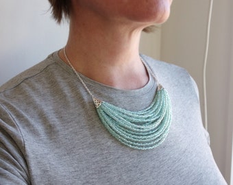 Mint Green Seed Beads Bib Necklace Multi Stranded Beaded Statement Necklace Light Green Bead Necklace for Women