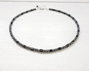 Unisex Beaded Necklace Hematite Stones Black Cube Glass Beads Necklace Short Gray Stone Necklace for Men for Women