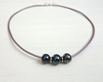 Purple Leather Necklace Black Glass Beads Metallic Purple Cord Short Beaded Leather Necklace for Women