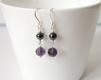 Sterling Silver Dangle Earrings Purple Glass Beads Hematite Stones Elegant Style Jewelry