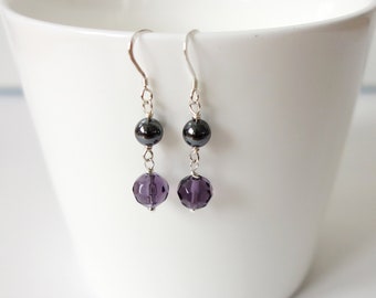 Dangle Silver Earrings Purple Glass Beads Gray Hematite Stones Sterling Elegant Drop Earrings for Women