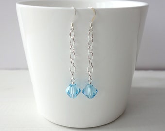 Silver Dangle Earrings Blue Swarovski Crystal Long Silver Earrings for Women