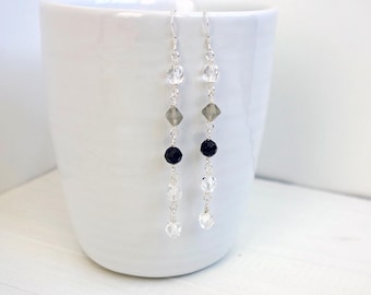 Long Dangle Earrings Sparkly Clear Black Matte Gray Glass Beads Minimalist Jewelry for Women