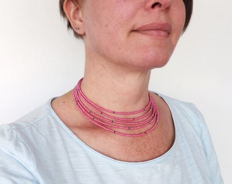 Beaded Layered Choker Necklace Pink Grey Seed Beads Choker Pink Multi Stranded Beaded Necklace for Women