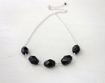 Minimalist Chain Necklace Black Large Glass Beads Dainty Chain Necklace Large Faceted Bead Necklace for Women