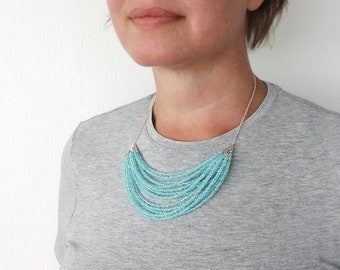 Aqua Blue Bib Necklace Multi Stranded Seed Beads Turquoise Statement Necklace Layered Beaded Bib Necklace for Women