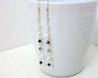 Sparkly Long Dangle Earrings Clear Gray Black Swarovski Crystals Minimalist Jewelry for Women