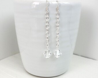Silver Dangle Earrings Large Clear Swarovski Crystals Minimalist Jewelry