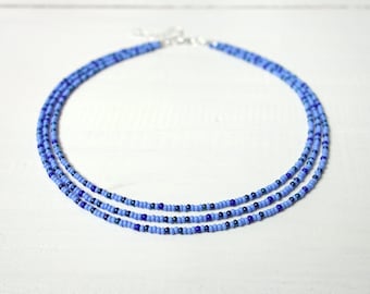 Layered Beaded Choker Necklace Blue Seed Beads Multi Strand Choker Blue Beaded Collar Necklace for Women