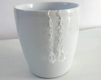 Faceted Glass Drop Dangle Earrings 925 Sterling Silver Sparkly Clear Beads Elegant Style Jewelry