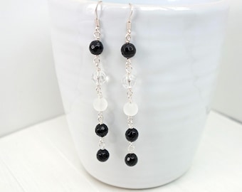 Long Dangle Earrings Black Onyx Stones Clear Frosty Glass Beads Elegant Style Jewelry
