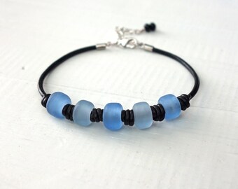 Leather Bracelet Blue Pony Glass Beads Knotted Cords Unisex Boho Style Jewelry
