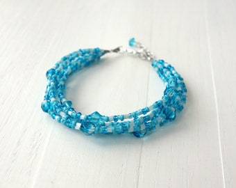 Turquoise Layered Beaded Bracelet Seed Beads Small Faceted Glass Beads Multi Strand Bracelet for Women